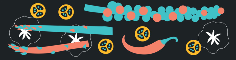 Cute appetizing Vegetables collection. Decorative abstract horizontal banner with colorful doodles. Hand-drawn modern illustrations with Vegetables, abstract elements.
