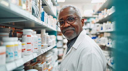Cropped shot of an attractive senior male dark skinned pharmacist working in a pharmacy