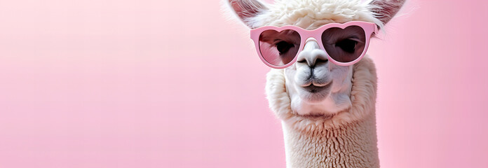 cute white alpaca wearing pink heart shaped sunglasses isolated on light pastel pink background with copy space - obrazy, fototapety, plakaty