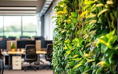 Fototapeta na wymiar A green wall in an office setting, creating a refreshing and vibrant atmosphere