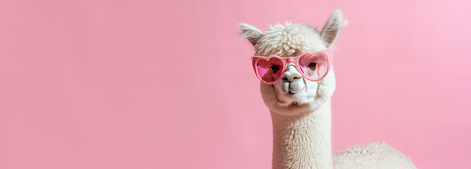 cute white alpaca wearing pink heart shaped sunglasses isolated on light pastel pink background with copy space