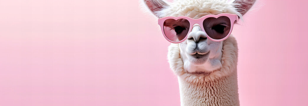 cute white alpaca wearing pink heart shaped sunglasses isolated on light pastel pink background with copy space - Powered by Adobe