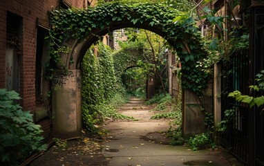 Fototapeta na wymiar An overgrown archway in the city, where vines and greenery reclaim architectural structures, illustrating the resilience of nature in urban environments