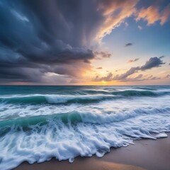 Fototapeta premium Tropical beach panorama view with foam waves before storm, seascape with Palm trees, sea or ocean water under sunset sky with dark blue clouds. Background summer