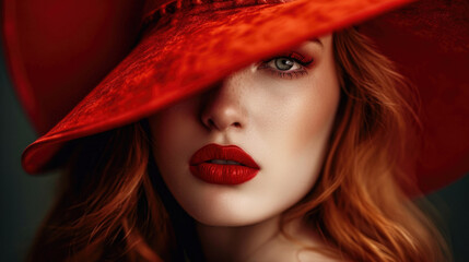 Fashion Woman in Red Dress and Hat with full Red Lips Makeup