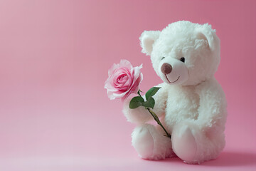 cute white teddy bear holds out a pastel pink rose isolated on light dust pastel pink background with copy space.