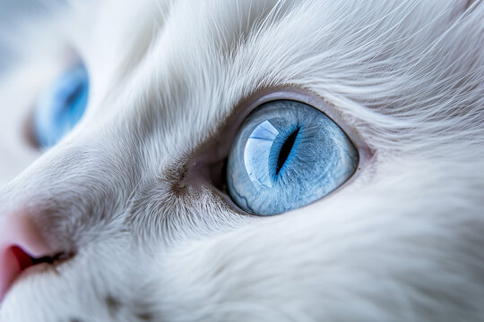 A photograph of a close-up on the piercing blue eyes of a white cat, with fine fur details visible