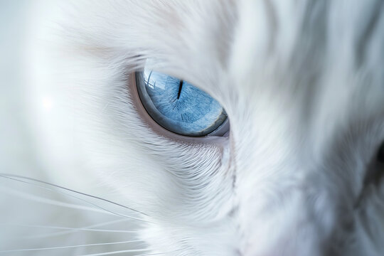A photograph of a close-up on the piercing blue eyes of a white cat, with fine fur details visible