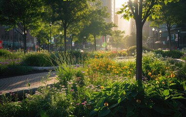 A rewilded city square with pollinator-friendly gardens