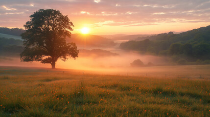 panorama view of a sunrise on a misty field with a tree