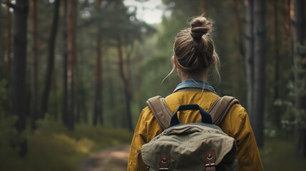  Traveller woman with a backpack walks along in a pine forest path, adventure