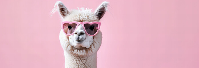 cute white alpaca wearing pink heart shaped sunglasses isolated on light pastel pink background with copy space