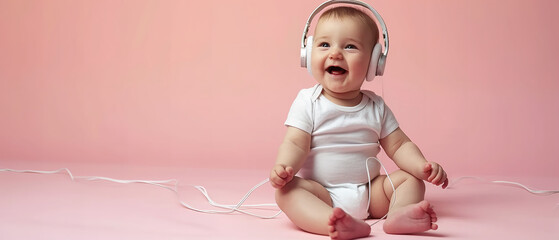 Closeup of cute little sitting laughing smiling newborn infant baby girl in headphones