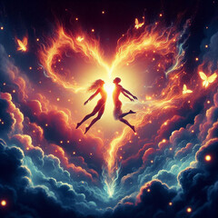 Twin flame couple. Soulmates. The concept of magical, esoteric, tantric, spiritual love. Connection between souls. Illustration for websites and much more. Created using generative ai tools.