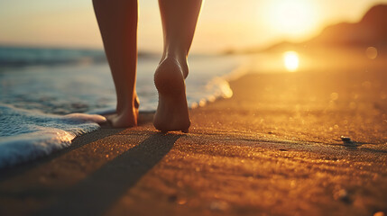 Closeup of woman feet walking on sand beach during a golden hour sunset - obrazy, fototapety, plakaty
