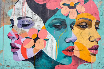 mural street art graffiti on the wall. Abstract pastel color woman faces with flowers . - obrazy, fototapety, plakaty