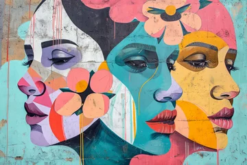 Papier Peint photo Graffiti mural street art graffiti on the wall. Abstract pastel color woman faces with flowers .
