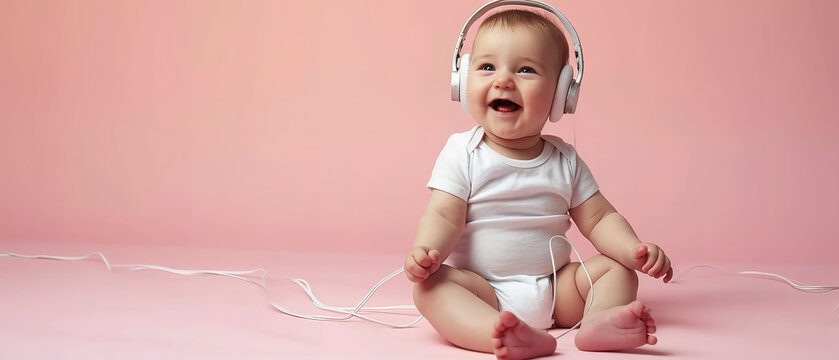 Closeup of cute little sitting laughing smiling newborn infant baby girl in headphones