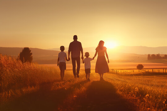Silhouette of family holding hands together while walking toward rural area. Rear view of family with two sons walking at the meadow during sunset.