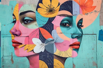 Papier Peint photo Graffiti mural street art graffiti on the wall. Abstract pastel color woman faces with flowers .