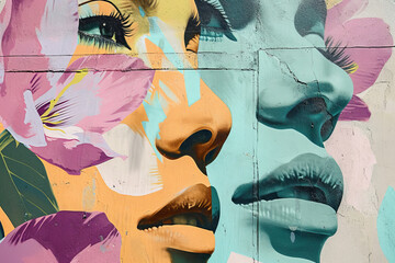 mural street art graffiti on the wall. Abstract pastel color woman faces with flowers .