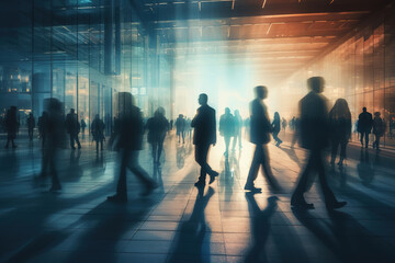 Silhouettes of people walking in modern office building hall interior. Economy, finances, business concept.
