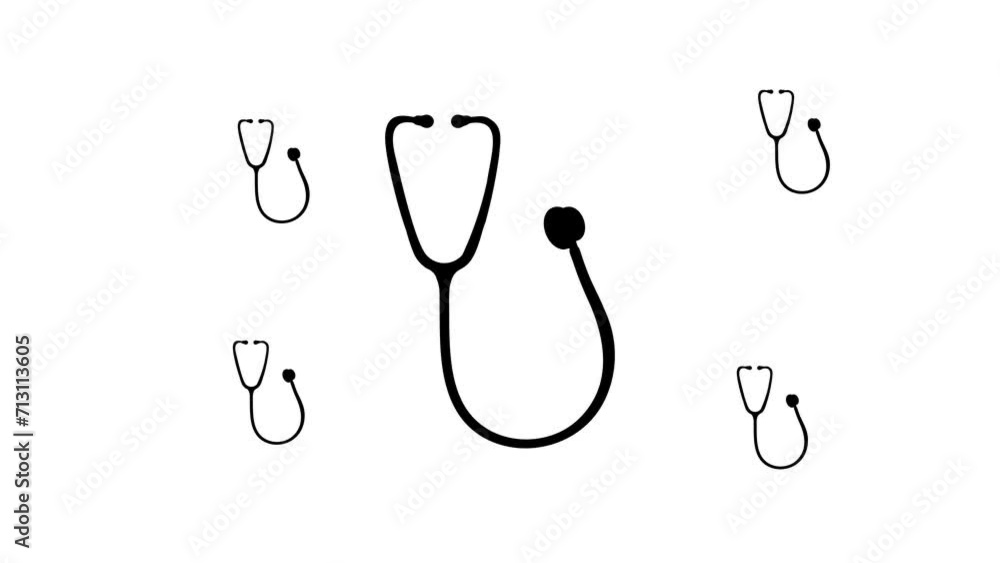 Poster zoom in and out animation the stethoscope symbol. large black symbol in the center and four small sy