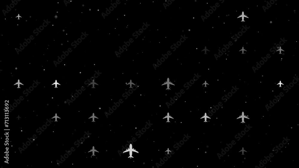 Poster template animation of evenly spaced airplane symbols of different sizes and opacity. animation of tr