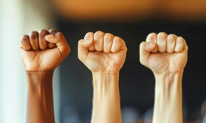 people holding their fists in the air, blur office background, Team or Goal in Business concept