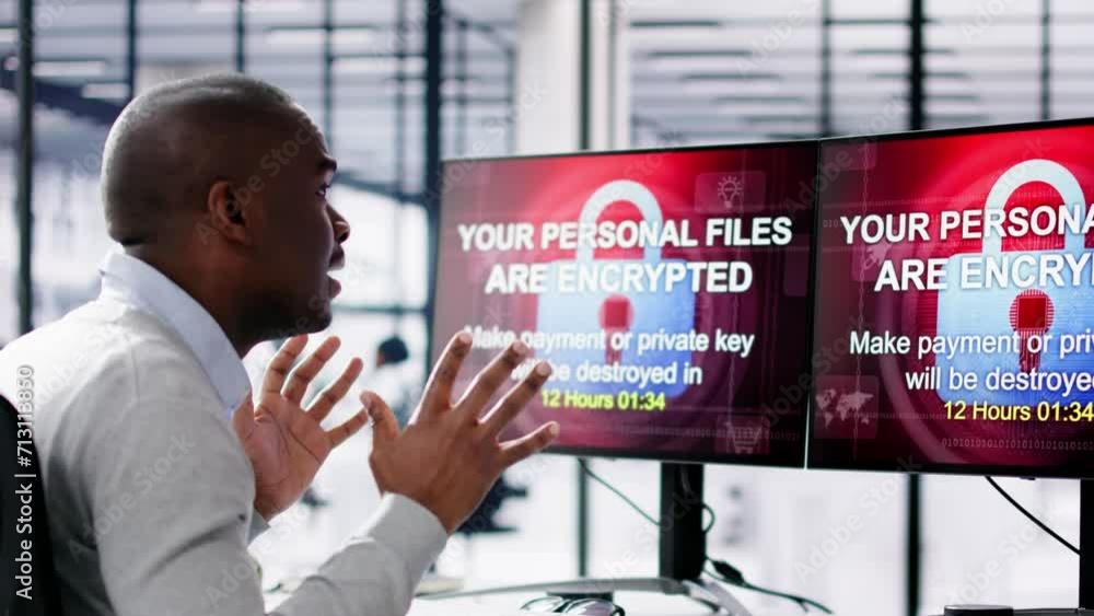 Poster ransomware malware attack. hacked business computer