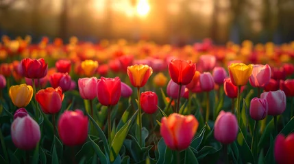 Foto auf Acrylglas A field of beautiful tulip flowers at a sunset © Flowal93