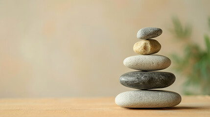 Spa, balance, meditation and zen minimal modern concept. Stack of stone pebbles against beige wall for design and presentation