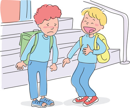 The boy at school making fun of his friend whose shoe was torn. The student boy who offended his friend.