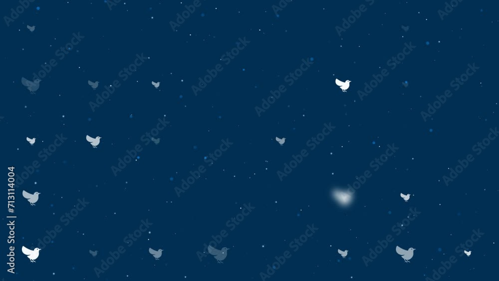 Poster template animation of evenly spaced bird symbols of different sizes and opacity. animation of transp