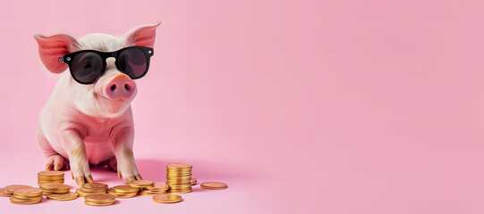 Fototapeta premium pink pig wearing a black sunglasses holds out a bunch of golden coins isolated on pastel pink background.