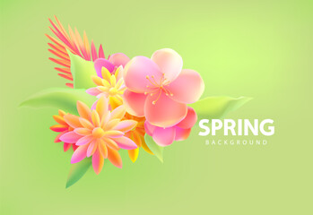 Realistic 3d flowers illustration. Gentle floral composition. Spring vector template.