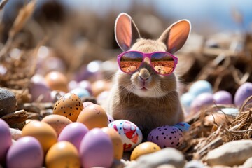 Fototapeta na wymiar Easter bunny at the beach with sunglasses and easter eggs enjoying the sunny day and spreading joy with colorful surprises, easter crafts image