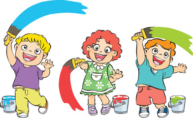 Three kindergarten children are cheerfully coloring.