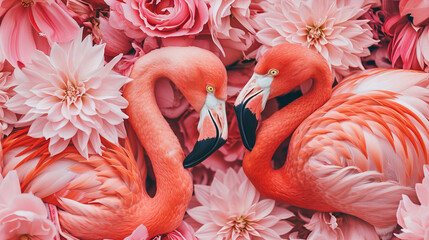 beautiful pattern with flamingo and tropical pink flowers  wall