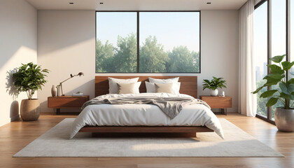 Minimalist master bedroom king sized bed crisp white linens natural light floor