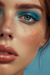 professional beauty photography. studio shot in fashion style. close up model's face wearing trendy 2024 makeup with blue eyeliner, eyeshadow	