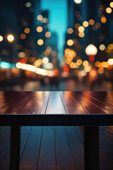 Wooden cafe table bokeh background, empty wood desk restaurant tabletop counter in bar or coffee shop surface product display mockup with blurry city lights backdrop presentation. Mock up, copy space.