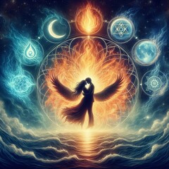 Twin flame couple. Soulmates. The concept of magical, esoteric, tantric, spiritual love. Connection between souls. Illustration for websites and much more. Created using generative ai tools.