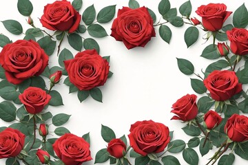 Top view of red rose flowers isolated background. Wedding invitation cards. Valentine's day concept 
