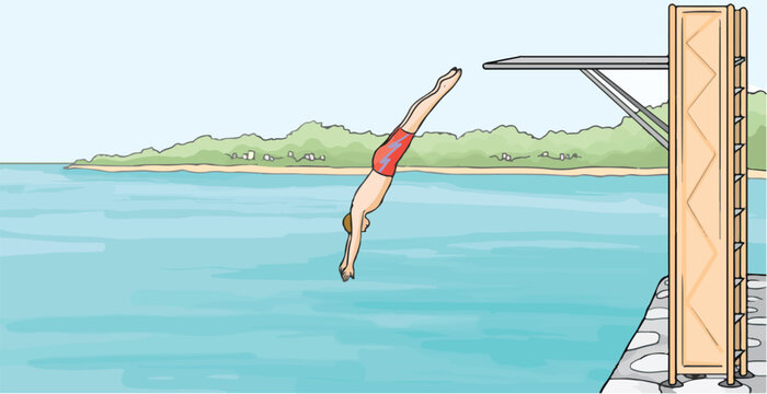 Swimmer jumping into the sea from a 90 degree springboard.