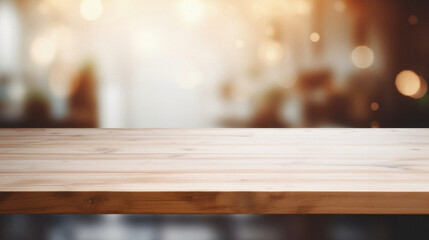 Wooden kitchen home table bokeh background, empty wood desk tabletop food counter surface product display mockup with blurry cafe abstract backdrop advertising presentation. Mock up, copy space.