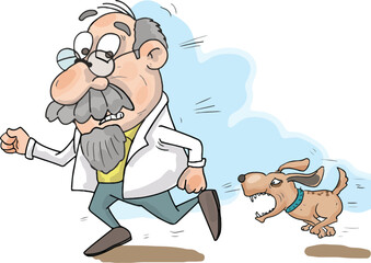 The dog is chasing the man. The man is running away from fear.