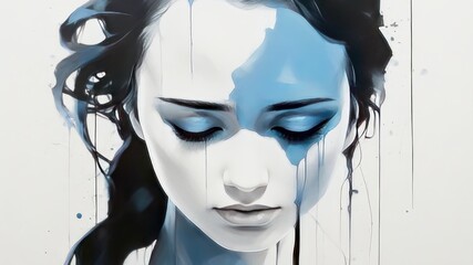 A simple and elegant portrait of a woman conveying deep feelings of sadness and melancholy.  AI generated