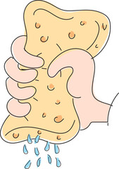 Hand drawing squeezing a sponge. The sciences of force and motion. Flexible dish sponge.