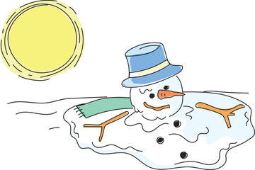 Snowman melting in the heat of the sun. Melting.